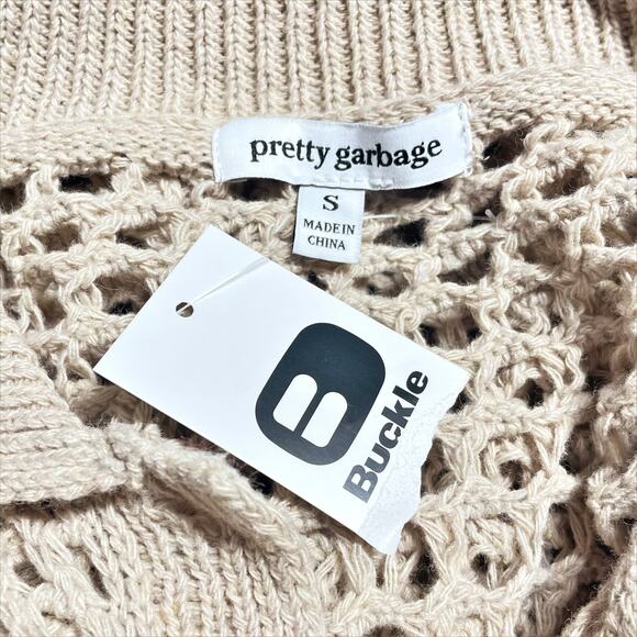 PRETTY GARBAGE NWT Short-Sleeve Open Stitch Collared Cardigan in Beige Size S - Picture 8 of 9